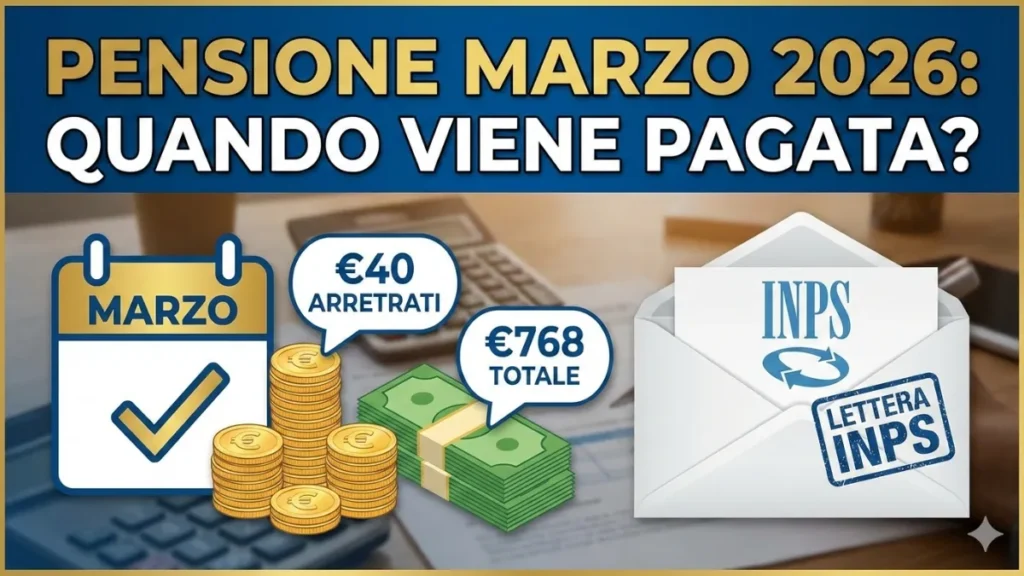 Make me proffessional and engaging thumbnail  "wide" and large and good : Quando Viene Pagato la Pensione di Marzo 2026 con 40 euro di Arretrati e 768 euro (Lettera Inps) 